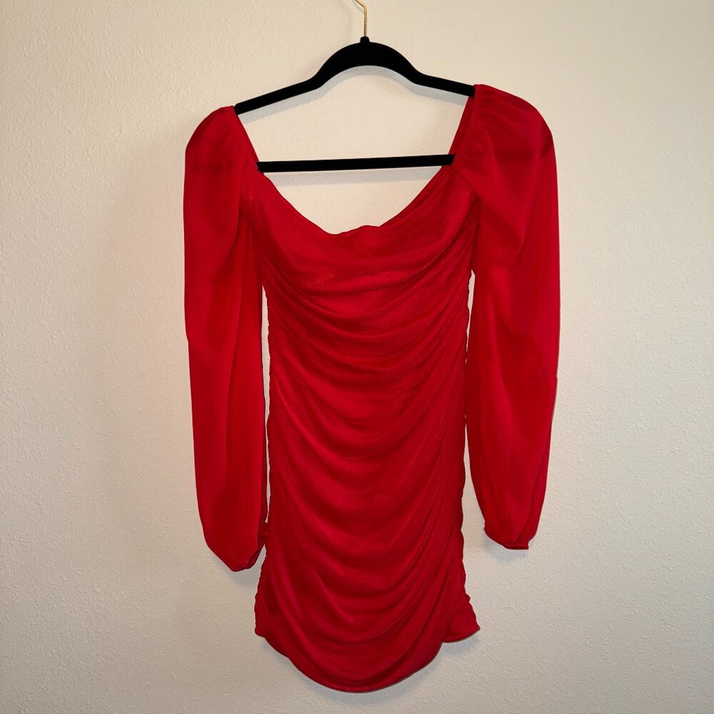 Red Ruched Mini Dress Sheer Mesh Long Sleeve Size Medium